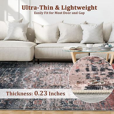 Vintage Boho Distressed Area Rug - Washable Non Slip Low Pile Carpet for Living Room Bedroom