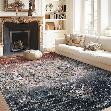 Vintage Boho Distressed Area Rug - Washable Non Slip Low Pile Carpet for Living Room Bedroom