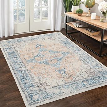 Vintage Washable Area Rug - Non Slip Low Pile Foldable Carpet for Living Room Bedroom Dining