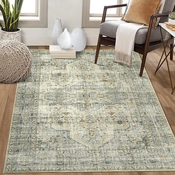 Vintage Medallion Washable Rug - Non Slip Low Pile Carpet for Living Room Bedroom Dining