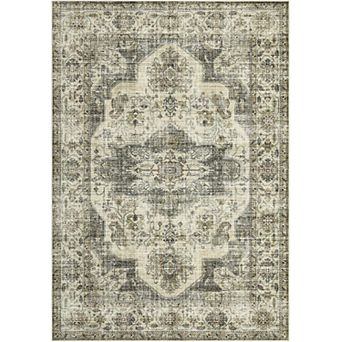 Vintage Medallion Washable Rug - Non Slip Low Pile Carpet for Living Room Bedroom Dining
