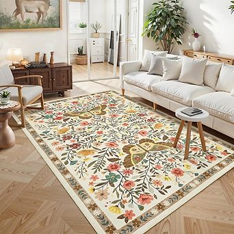 SOM Floral Butterfly Print Indoor Area Rug, Non-Skid TPR Backing, Easy Care Washable