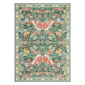 SOM Floral Butterfly Print Indoor Area Rug, Non-Skid TPR Backing, Easy Care Washable