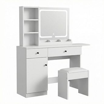 ANIXOL Makeup Vanity Desk with Lighted Mirror, Outlet, Drawers & Stool