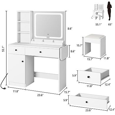 ANIXOL Makeup Vanity Desk with Lighted Mirror, Outlet, Drawers & Stool