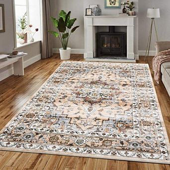 Vintage Floral Washable Area Rug - Non Slip Low Pile Stain Resistant Carpet for Living Room Bedroom