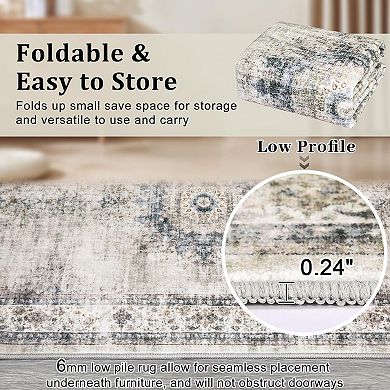 Washable Rugs for Living Room, Vintage Oriental Area Rug, Distressed Floral Rug