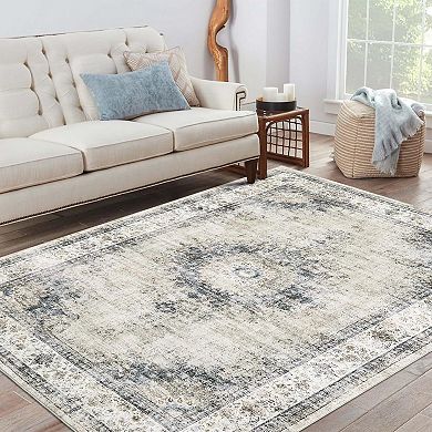 Washable Rugs for Living Room, Vintage Oriental Area Rug, Distressed Floral Rug