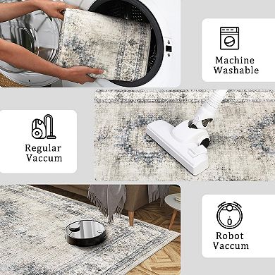 Washable Rugs for Living Room, Vintage Oriental Area Rug, Distressed Floral Rug