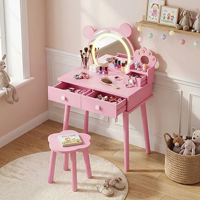 ANIXOL Bear-Shaped Kids Vanity Set with Lighted Mirror