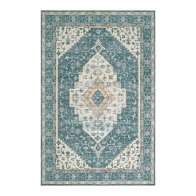 Machine Washable Oriental Area Rug - Waterproof Floral Distressed Design, Soft Non-Shedding Carpet