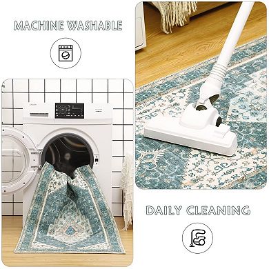 Machine Washable Oriental Area Rug - Waterproof Floral Distressed Design, Soft Non-Shedding Carpet