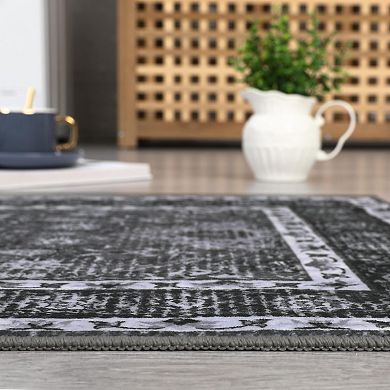 Washable Vintage Trellis Area Rug - Distressed Non Slip Low Pile Soft Carpet for Living Room
