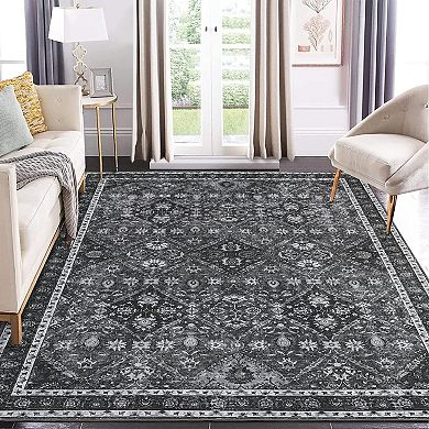 Washable Vintage Trellis Area Rug - Distressed Non Slip Low Pile Soft Carpet for Living Room