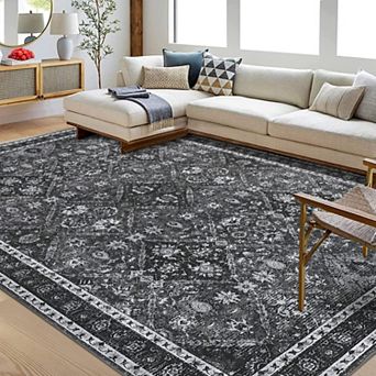 Washable Vintage Trellis Area Rug - Distressed Non Slip Low Pile Soft Carpet for Living Room