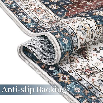 Washable Vintage Area Rug - Non Slip Low Pile Carpet for Living Room Dining and Bedroom