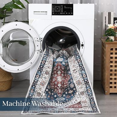 Washable Vintage Area Rug - Non Slip Low Pile Carpet for Living Room Dining and Bedroom