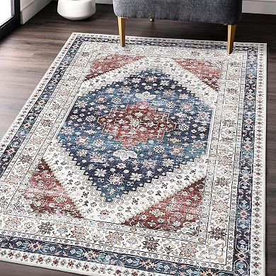 Washable Vintage Area Rug - Non Slip Low Pile Carpet for Living Room Dining and Bedroom