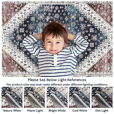 Washable Vintage Area Rug - Non Slip Low Pile Carpet for Living Room Dining and Bedroom