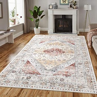 Washable Vintage Area Rug - Non Slip Low Pile Carpet for Living Room Dining and Bedroom
