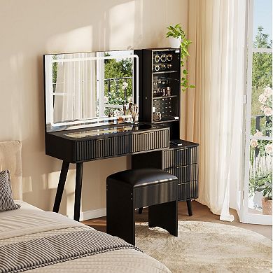 ANIXOL Fluted Makeup Vanity Desk with Mirror and Lights