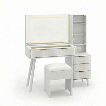 ANIXOL Fluted Makeup Vanity Desk with Mirror and Lights
