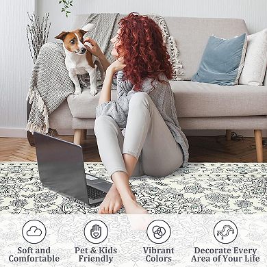 Washable Foldable Persian Floral Rug - 100 Polyester Soft Carpet for Bedroom Decor, Beige