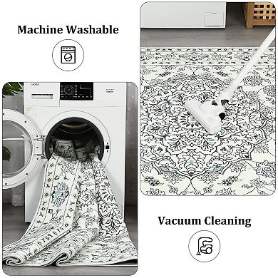 Washable Foldable Persian Floral Rug - 100 Polyester Soft Carpet for Bedroom Decor, Beige