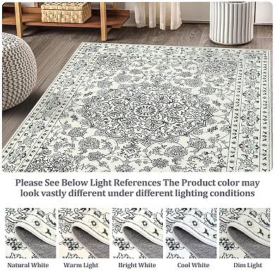Washable Foldable Persian Floral Rug - 100 Polyester Soft Carpet for Bedroom Decor, Beige