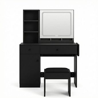 ANIXOL Vanity Desk with LED Mirror, Drawers, Shelves and Stool