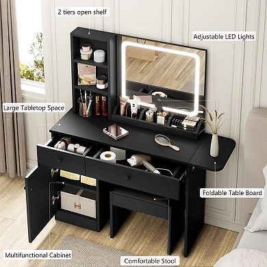 ANIXOL Vanity Desk with LED Mirror, Drawers, Shelves and Stool