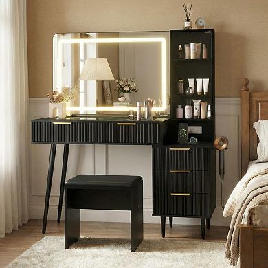 ANIXOL Makeup Vanity Desk Set with LED Mirror Glass Top and Stool