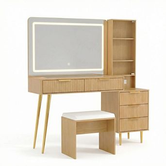 ANIXOL Makeup Vanity Desk Set with LED Mirror Glass Top and Stool