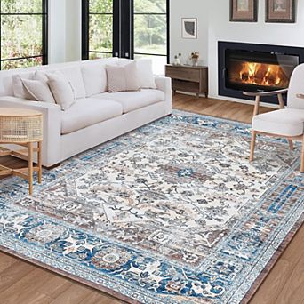 Vintage Rug Medallion Area Rug Faux Wool Soft Rug Indoor Plush Floor Cover Boho Distressed Carpet