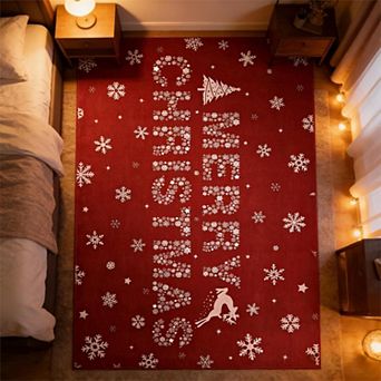Christmas Snowflake Washable Rug - Soft Non Slip Low Pile Carpet for Holiday Living Room