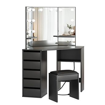 ANIXOL Corner Vanity Desk with Tri-Fold Mirror, Lights, Outlets & Stool