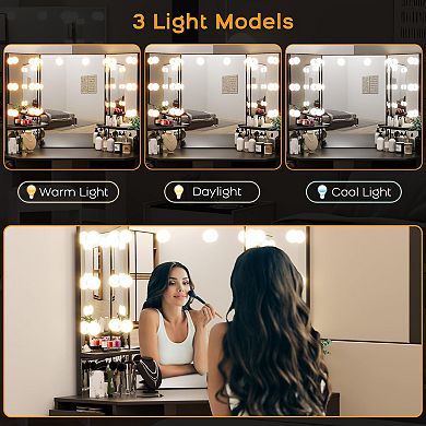 ANIXOL Corner Vanity Desk with Tri-Fold Mirror, Lights, Outlets & Stool