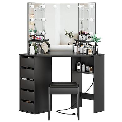 ANIXOL Corner Vanity Desk with Tri-Fold Mirror, Lights, Outlets & Stool