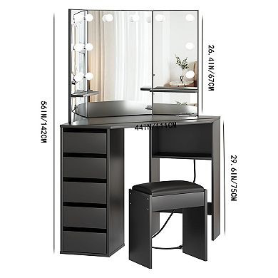 ANIXOL Corner Vanity Desk with Tri-Fold Mirror, Lights, Outlets & Stool