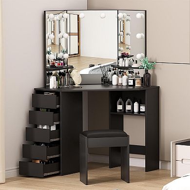 ANIXOL Corner Vanity Desk with Tri-Fold Mirror, Lights, Outlets & Stool