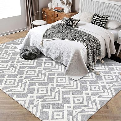 Washable Moroccan Geometric Rug Non Slip Low Pile Carpet for Living Room Bedroom