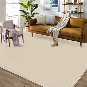 Modern Beige Washable Rug - Non Slip Low Pile Stain Resistant Carpet for Living Room Office