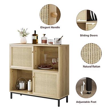 Rattan Console Cabinet With Sliding Doors