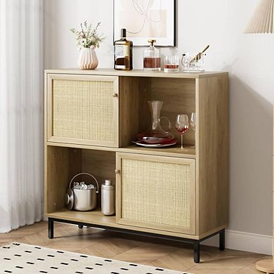 Rattan Console Cabinet With Sliding Doors