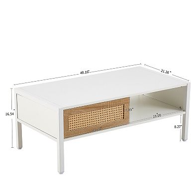 YQNUCO 40.16" Rattan Coffee Table, Sliding Door for Storage, Metal Legs