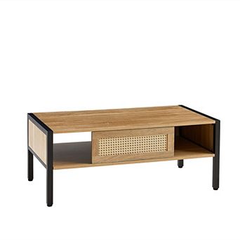 YQNUCO 40.16" Rattan Coffee Table, Sliding Door for Storage, Metal Legs