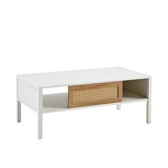 YQNUCO 40.16" Rattan Coffee Table, Sliding Door for Storage, Metal Legs