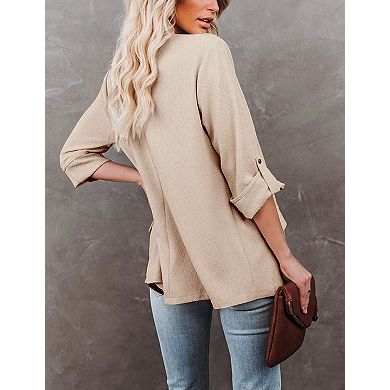 Womens Open Front Long Sleeve Casual Blazer Jacket Work Blazer with Pockets