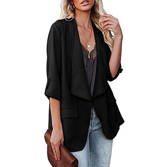 Womens Open Front Long Sleeve Casual Blazer Jacket Work Blazer with Pockets