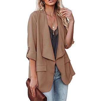 Womens Open Front Long Sleeve Casual Blazer Jacket Work Blazer with Pockets